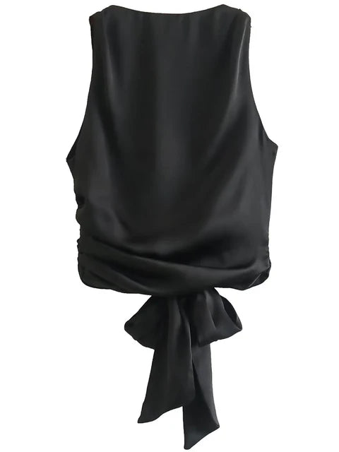 Tops de tirantes finos con lazo para mujer, estilo vintage, sin mangas, con cuello redondo, estilo chic, con espalda descubierta y plisado liso