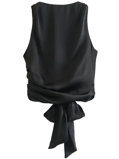 Tops de tirantes finos con lazo para mujer, estilo vintage, sin mangas, con cuello redondo, estilo chic, con espalda descubierta y plisado liso