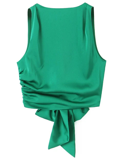 Tops de tirantes finos con lazo para mujer, estilo vintage, sin mangas, con cuello redondo, estilo chic, con espalda descubierta y plisado liso
