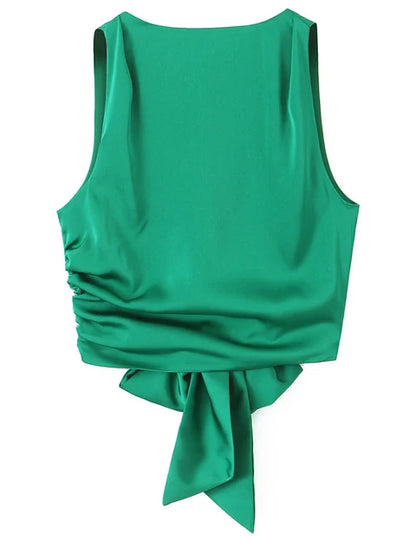 Tops de tirantes finos con lazo para mujer, estilo vintage, sin mangas, con cuello redondo, estilo chic, con espalda descubierta y plisado liso