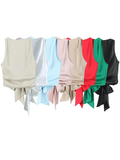 Tops de tirantes finos con lazo para mujer, estilo vintage, sin mangas, con cuello redondo, estilo chic, con espalda descubierta y plisado liso