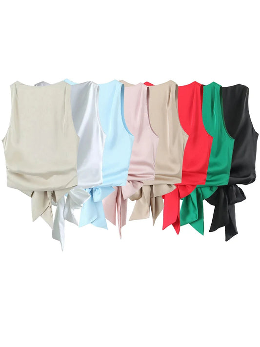 Women Fashion With Bow Solid Pleated Backless Cropped Tank Tops Vintage O-Neck Sleeveless Female Chic Lady Tops