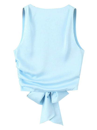Tops de tirantes finos con lazo para mujer, estilo vintage, sin mangas, con cuello redondo, estilo chic, con espalda descubierta y plisado liso