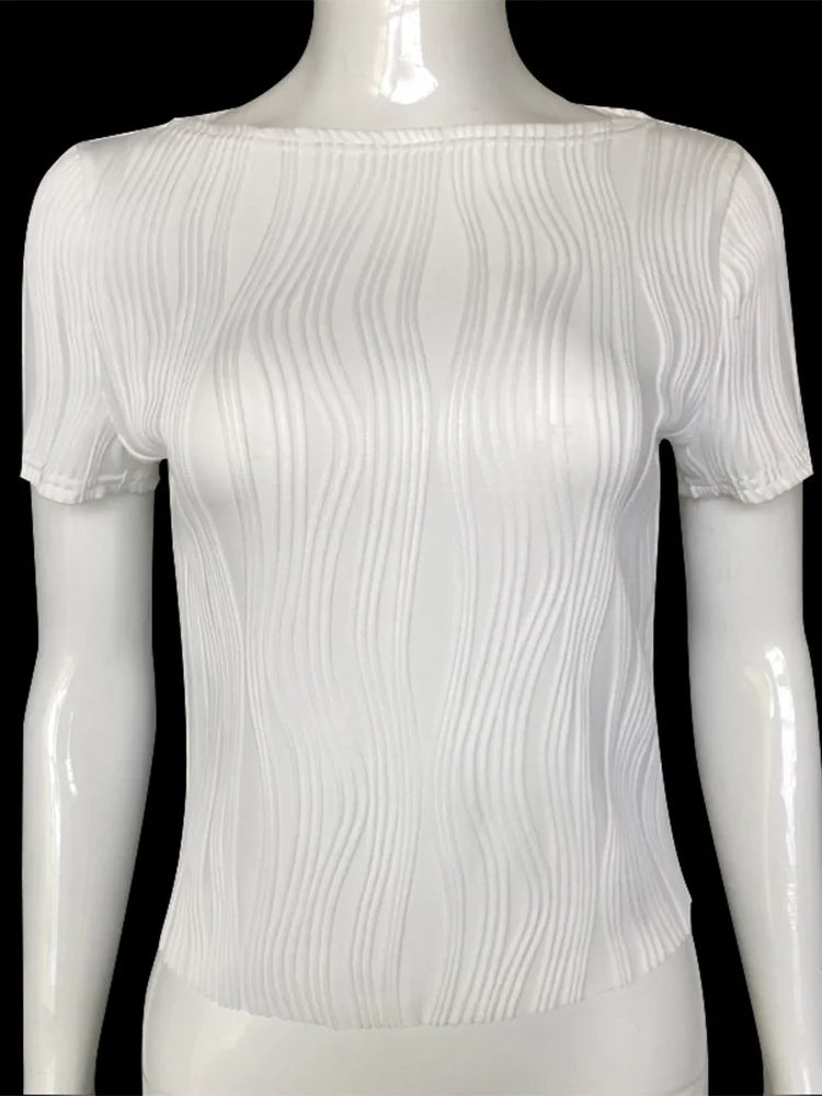 Tops cortos Harajuku para mujer, ropa de verano Y2K 2025, camisetas texturizadas de espalda abierta de manga corta ajustadas vintage, ropa de calle de los años 90