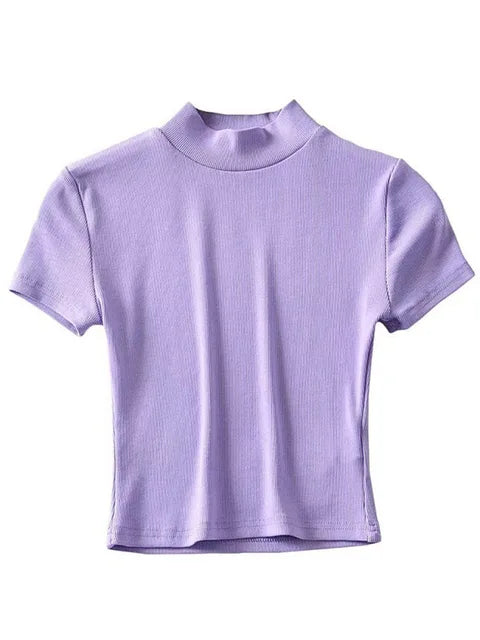 Women High Neck Fitted Short Sleeve T-shirt Rib Crop Rib Top