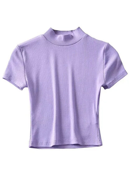 Women High Neck Fitted Short Sleeve T-shirt Rib Crop Rib Top