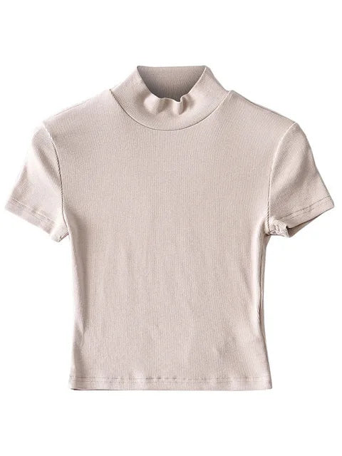 Women High Neck Fitted Short Sleeve T-shirt Rib Crop Rib Top