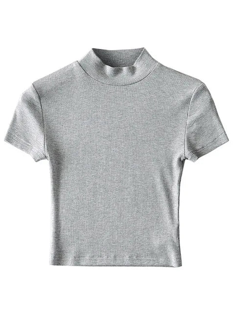 Women High Neck Fitted Short Sleeve T-shirt Rib Crop Rib Top