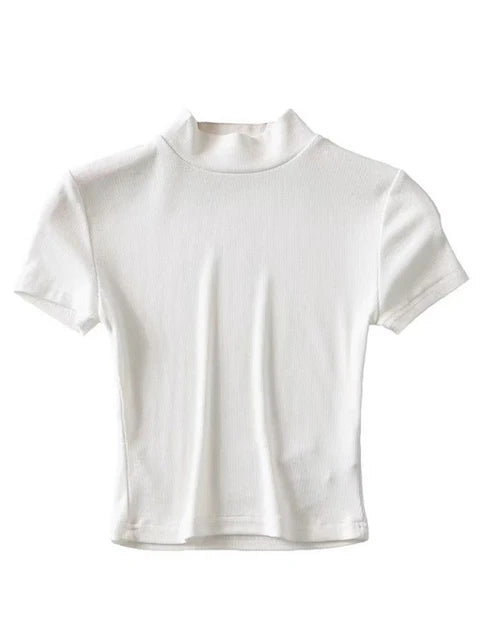 Women High Neck Fitted Short Sleeve T-shirt Rib Crop Rib Top