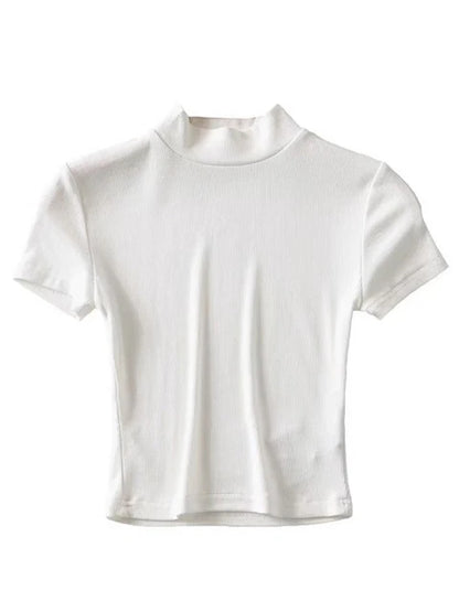 Women High Neck Fitted Short Sleeve T-shirt Rib Crop Rib Top