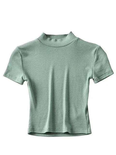 Women High Neck Fitted Short Sleeve T-shirt Rib Crop Rib Top