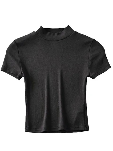 Women High Neck Fitted Short Sleeve T-shirt Rib Crop Rib Top