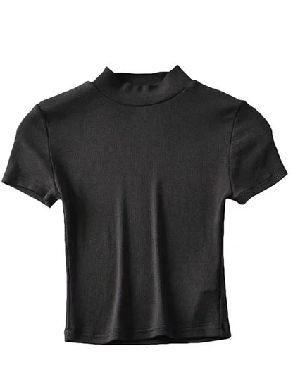 Women High Neck Fitted Short Sleeve T-shirt Rib Crop Rib Top