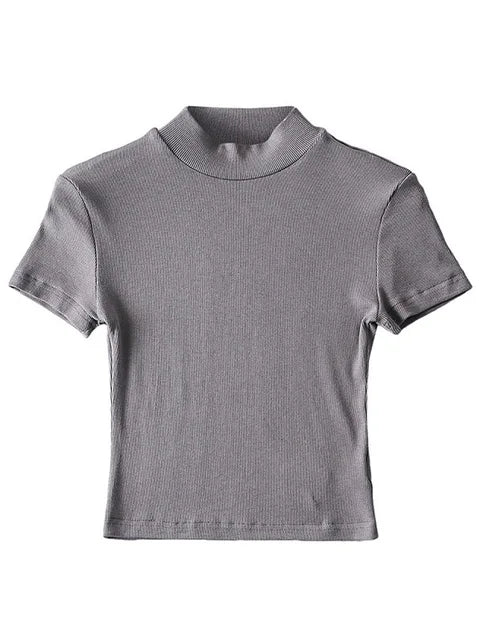 Women High Neck Fitted Short Sleeve T-shirt Rib Crop Rib Top