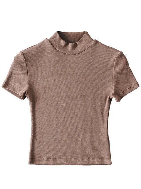 Women High Neck Fitted Short Sleeve T-shirt Rib Crop Rib Top