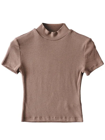 Women High Neck Fitted Short Sleeve T-shirt Rib Crop Rib Top