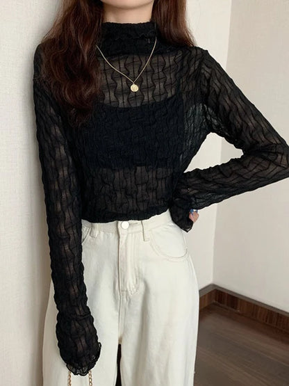 Women Lace Mesh High Collar Bottom T-shirts Female Long Sleeve Autumn Casual Style Tight Thin Tops T-shirts Women Clothes