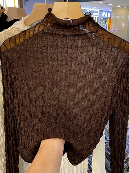 Women Lace Mesh High Collar Bottom T-shirts Female Long Sleeve Autumn Casual Style Tight Thin Tops T-shirts Women Clothes