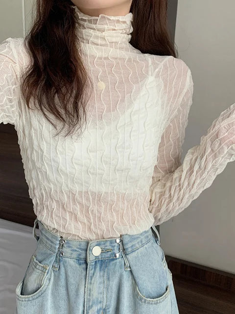 Women Lace Mesh High Collar Bottom T-shirts Female Long Sleeve Autumn Casual Style Tight Thin Tops T-shirts Women Clothes