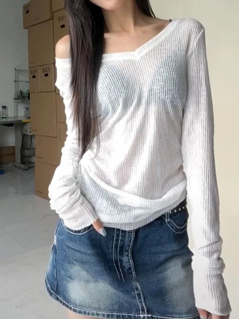 Camiseta de manga larga para mujer, perspectiva fina, camisetas casuales ajustadas de verano, jerséis básicos para mujer, ropa Y2k, top de calle