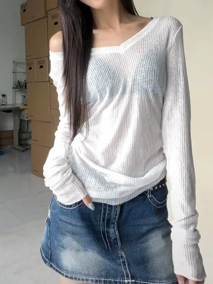 Camiseta de manga larga para mujer, perspectiva fina, camisetas casuales ajustadas de verano, jerséis básicos para mujer, ropa Y2k, top de calle