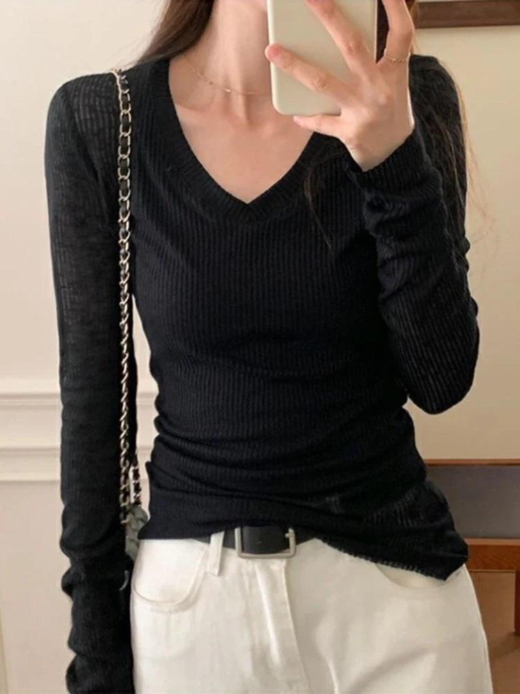 Camiseta de manga larga para mujer, perspectiva fina, camisetas casuales ajustadas de verano, jerséis básicos para mujer, ropa Y2k, top de calle
