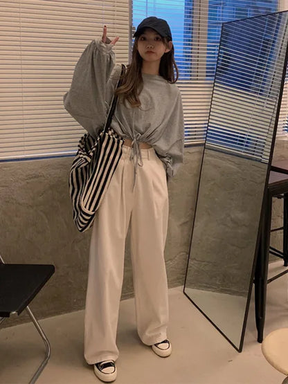 Camisetas de manga larga para mujer, top corto liso a la moda, suave, holgado, con cordón ajustable, cuello redondo, básicas y a la moda para uso diario.