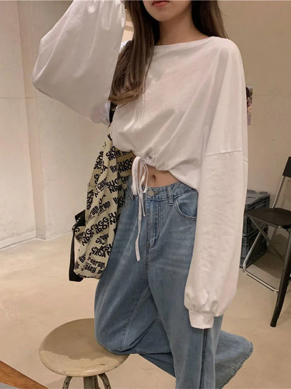 Camisetas de manga larga para mujer, top corto liso a la moda, suave, holgado, con cordón ajustable, cuello redondo, básicas y a la moda para uso diario.
