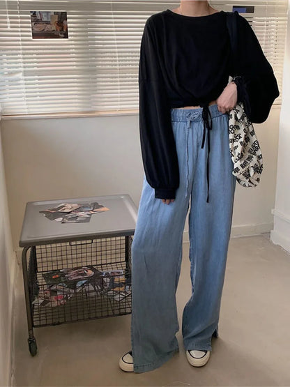 Camisetas de manga larga para mujer, top corto liso a la moda, suave, holgado, con cordón ajustable, cuello redondo, básicas y a la moda para uso diario.