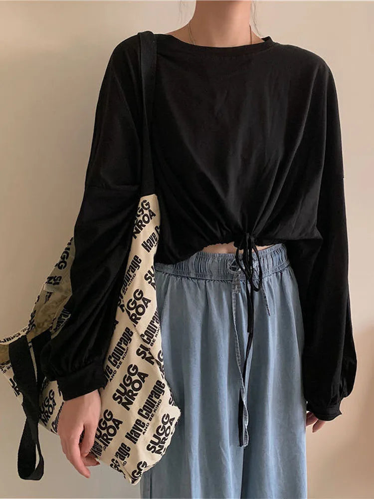 Camisetas de manga larga para mujer, top corto liso a la moda, suave, holgado, con cordón ajustable, cuello redondo, básicas y a la moda para uso diario.