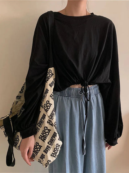 Camisetas de manga larga para mujer, top corto liso a la moda, suave, holgado, con cordón ajustable, cuello redondo, básicas y a la moda para uso diario.