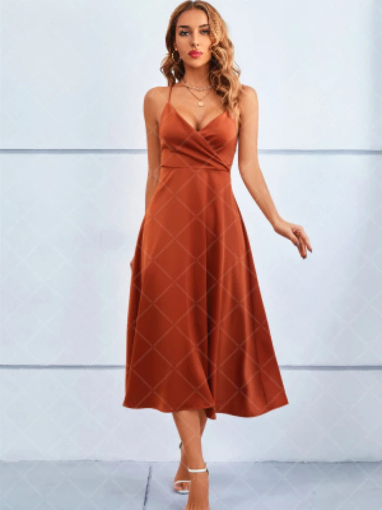 Vestido largo playero sexy de verano para mujer, elegante vestido blanco de fiesta de noche con escote en V y espalda descubierta de satén con vendaje para mujer.