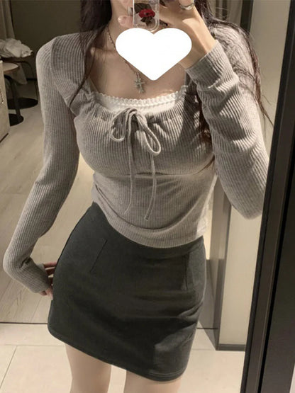 Camisetas sexys ajustadas para mujer, top corto de manga larga con cuello redondo y corte entallado, camisetas de moda de primavera, tops sólidos coreanos