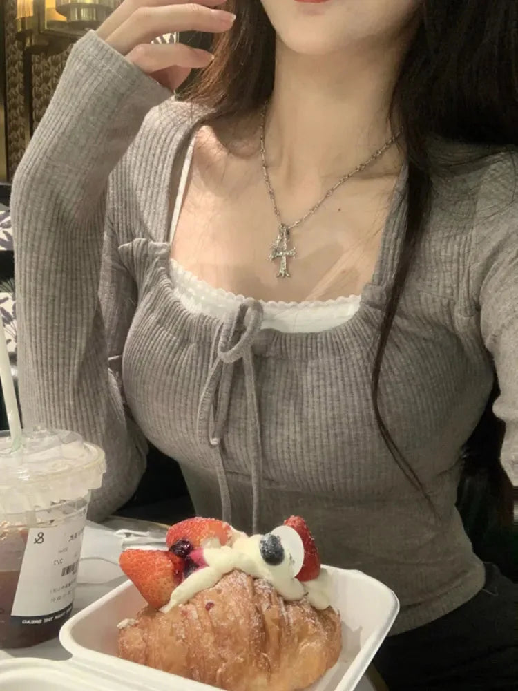 Camisetas sexys ajustadas para mujer, top corto de manga larga con cuello redondo y corte entallado, camisetas de moda de primavera, tops sólidos coreanos