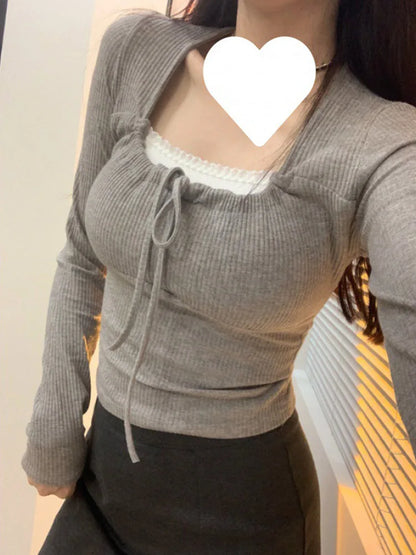 Camisetas sexys ajustadas para mujer, top corto de manga larga con cuello redondo y corte entallado, camisetas de moda de primavera, tops sólidos coreanos