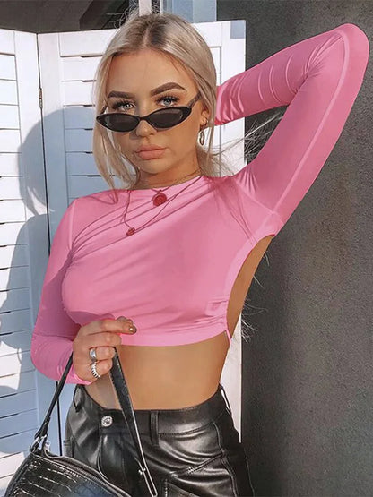 Camiseta sexy Harajuku con espalda abierta para mujer, top corto de manga larga, camiseta informal de verano, camiseta blanca de moda 2025