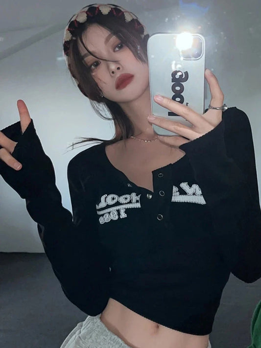 Women Sexy Slim Crop Top Retro Graffiti Print Elastic T Shirt Ribbed Long Sleeve O-neck Tops Grunge Tee Tops