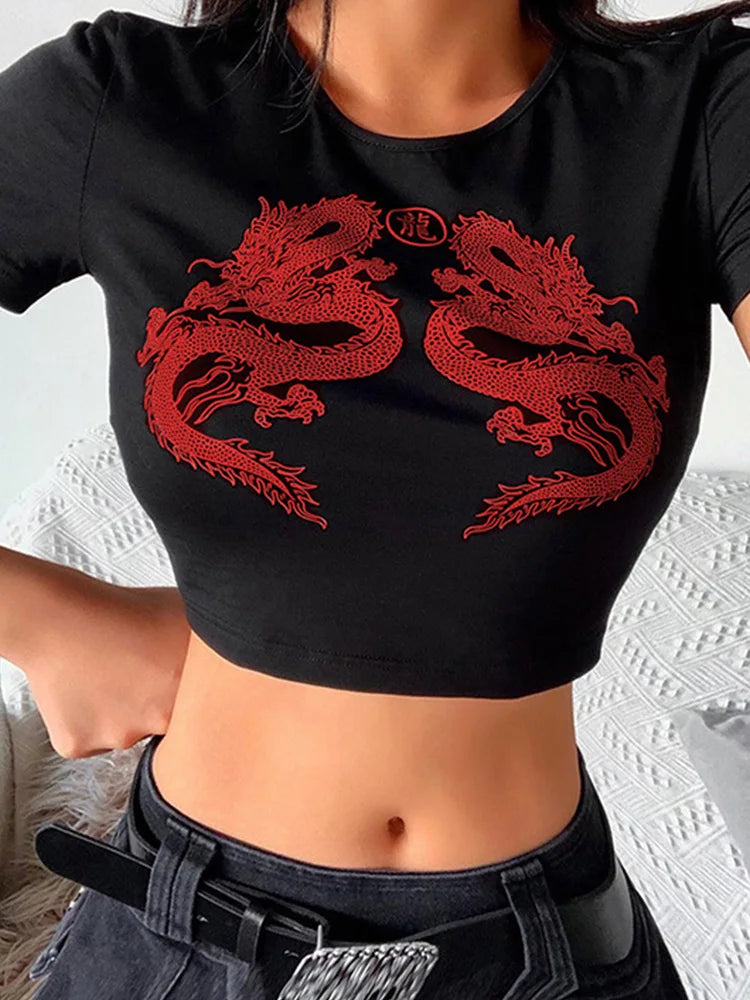 Camiseta de manga corta con estampado de dragón para mujer, top corto de verano a la moda para ir de compras y usar a diario