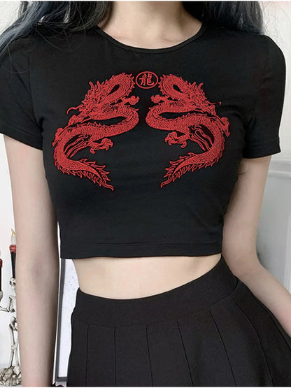 Camiseta de manga corta con estampado de dragón para mujer, top corto de verano a la moda para ir de compras y usar a diario