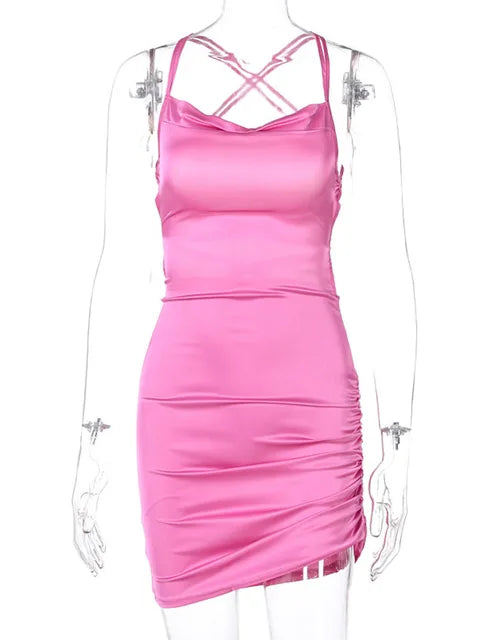 Vestido mini con tirantes fruncidos, encaje cruzado, espalda descubierta, ajustado, sexy, para fiesta, elegante, para club, Navidad, 2025