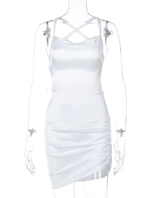 Vestido mini con tirantes fruncidos, encaje cruzado, espalda descubierta, ajustado, sexy, para fiesta, elegante, para club, Navidad, 2025