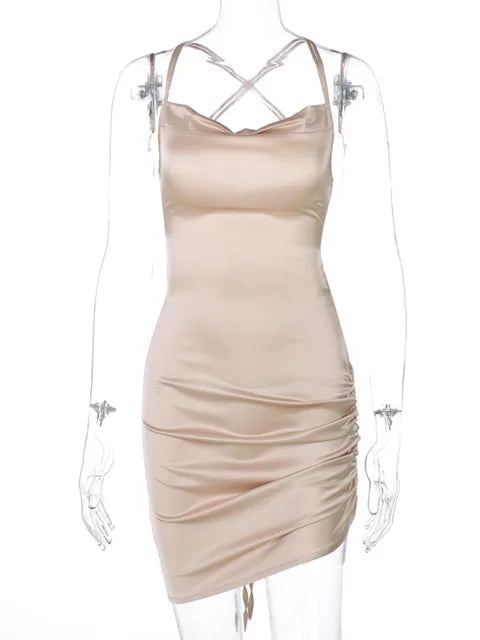 Vestido mini con tirantes fruncidos, encaje cruzado, espalda descubierta, ajustado, sexy, para fiesta, elegante, para club, Navidad, 2025