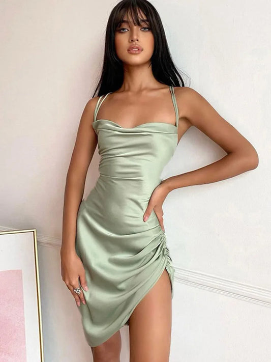Vestido mini con tirantes fruncidos, encaje cruzado, espalda descubierta, ajustado, sexy, para fiesta, elegante, para club, Navidad, 2025