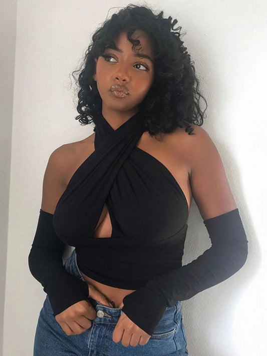 Top corto sin mangas con espalda descubierta y cuello halter con tiras cruzadas en la parte delantera para mujer, chaleco de vendaje, tops sexis de verano, ropa para mujer tallas S-XL