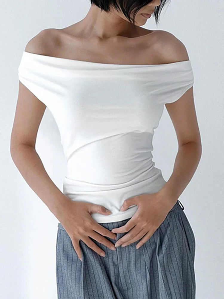 Tops cortos informales de verano de manga corta para mujer, color liso, hombros descubiertos, cuello barco, espalda descubierta, ajustados, ropa de calle