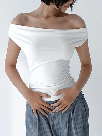Tops cortos informales de verano de manga corta para mujer, color liso, hombros descubiertos, cuello barco, espalda descubierta, ajustados, ropa de calle