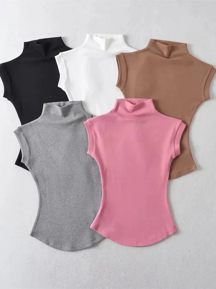 Camisetas sexis de verano con cuello alto sin mangas para mujer, camisetas lisas ajustadas, jerséis casuales, camisetas básicas de ropa urbana para mujer