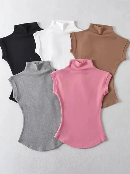 Camisetas sexis de verano con cuello alto sin mangas para mujer, camisetas lisas ajustadas, jerséis casuales, camisetas básicas de ropa urbana para mujer