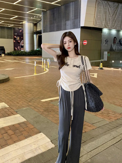 Women T-Shirts Y2k Tops Drawstring Summer Sexy Graphic Knitting Harajuku Korean Fashion Letter Short Sleeve Aesthetic Clothing