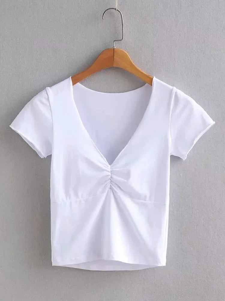 Camiseta ajustada suave y elástica con cuello en V para mujer con costura bajo el busto